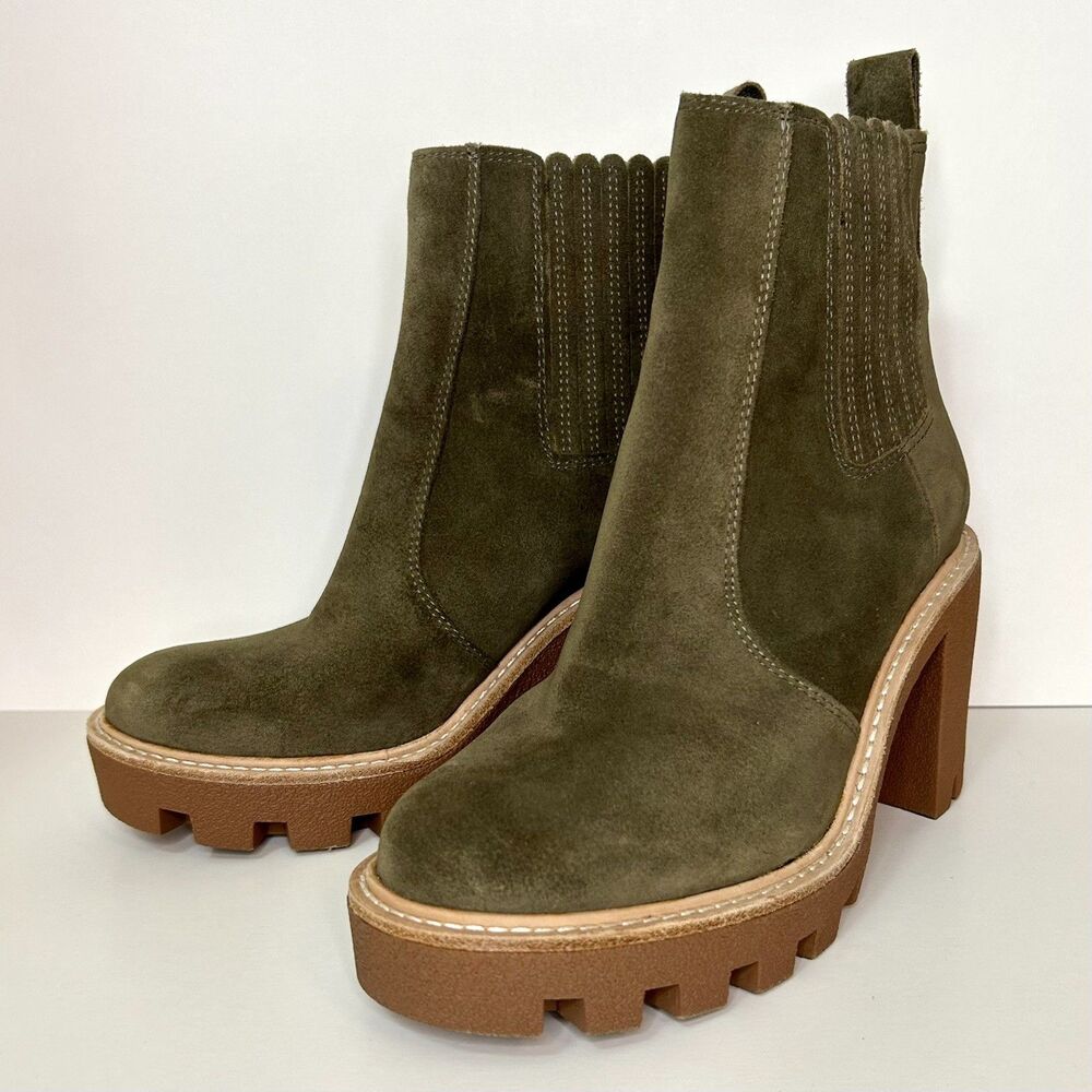 Gianni Bini Olive Green/Grey Suede Leather Winney Lug Sole Platform Boots SZ 7M